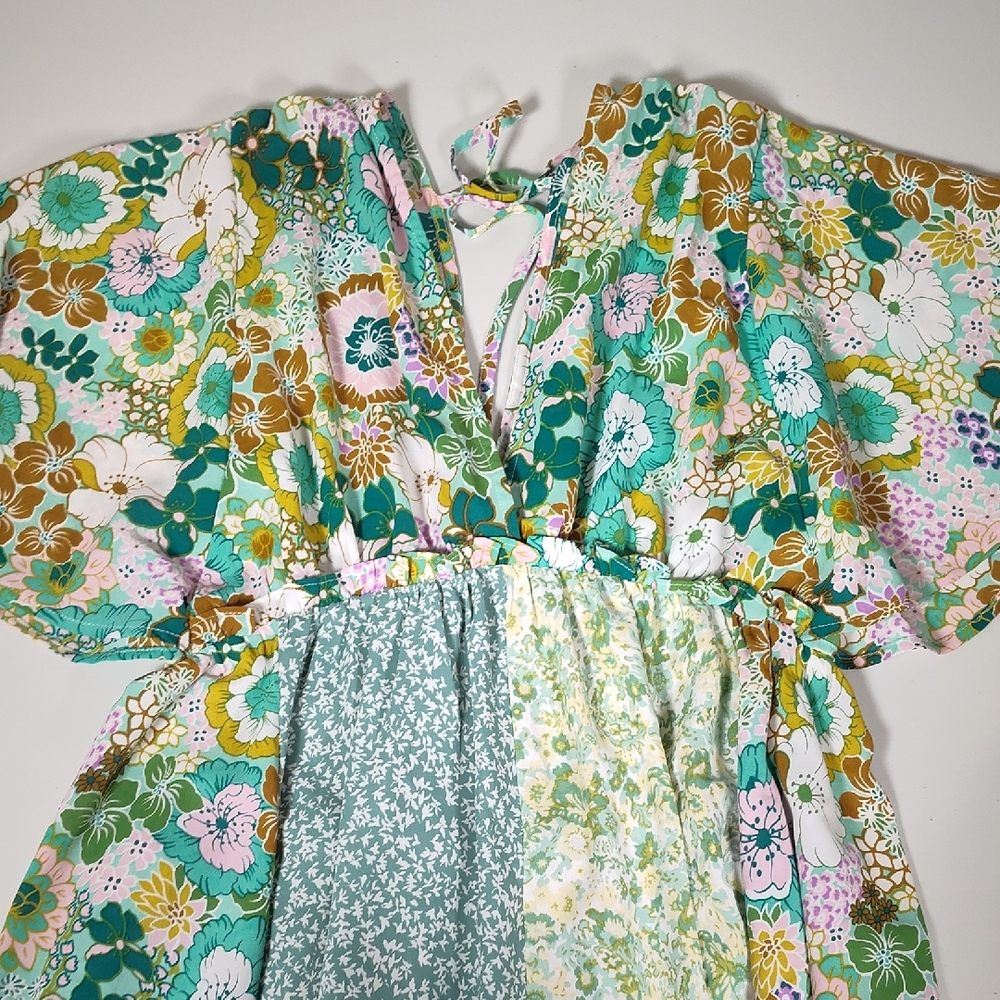 Umgee green floral patchwork kimono sleeve midi dress S - Picture 3 of 9
